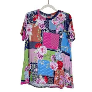 Johnny Was Womens Patchwork Floral Print Bamboo Viscose Boho Tunic Top Size M